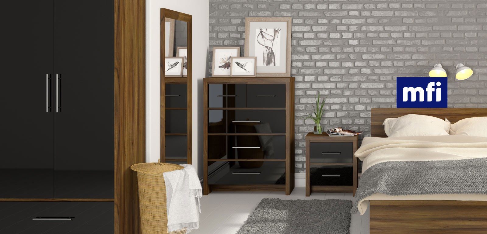 black gloss and walnut bedroom furniture