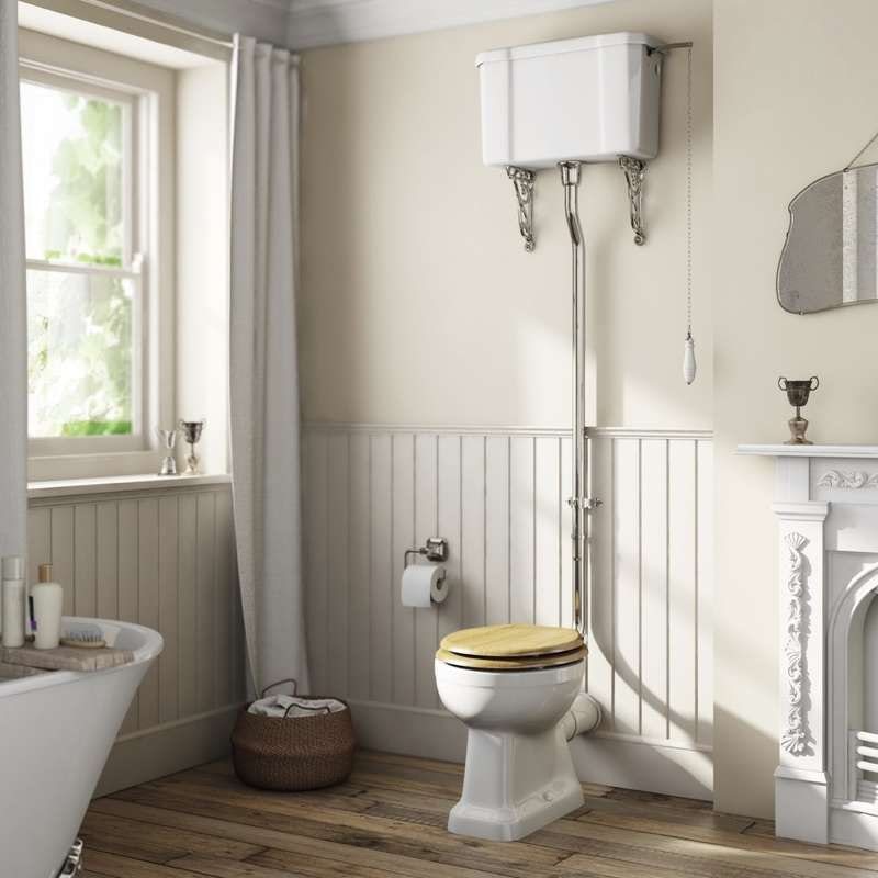 The Bath Co. Camberley high level toilet with wooden soft close seat oak effect